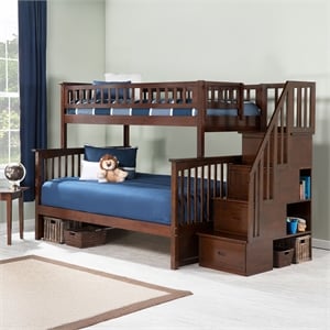 AFI Columbia Twin Over Full Solid Wood Staircase Bunk Bed in Walnut