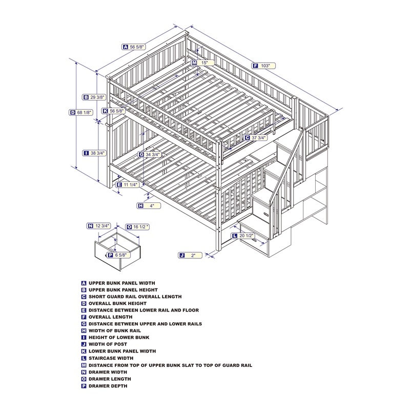 AFI Columbia Full Over Full Solid Wood Staircase Bunk Bed in White
