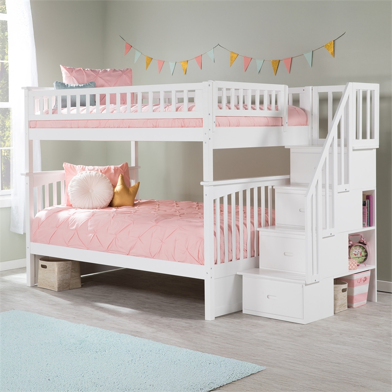 AFI Columbia Full Over Full Solid Wood Staircase Bunk Bed in White