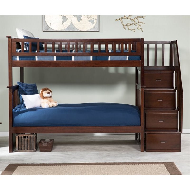 AFI Columbia Twin Over Twin Solid Wood Staircase Bunk Bed in Walnut