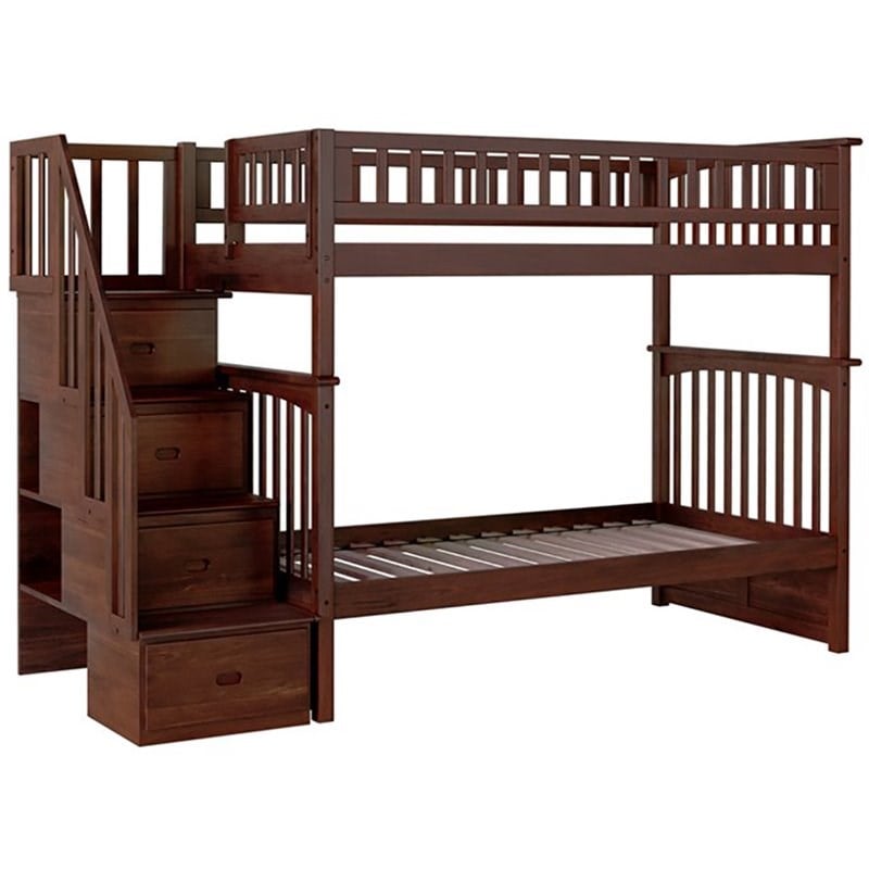 AFI Columbia Twin Over Twin Solid Wood Staircase Bunk Bed in Walnut