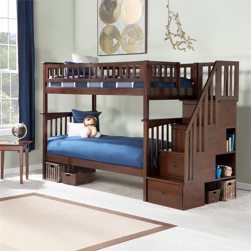 AFI Columbia Twin Over Twin Solid Wood Staircase Bunk Bed in Walnut