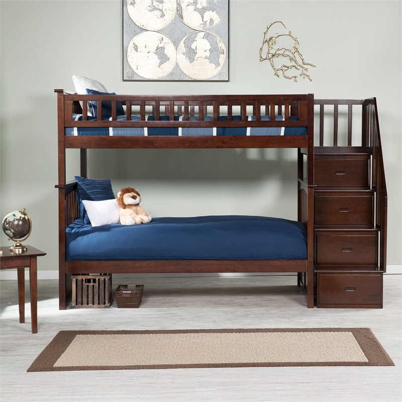 AFI Columbia Twin Over Twin Solid Wood Staircase Bunk Bed in Walnut