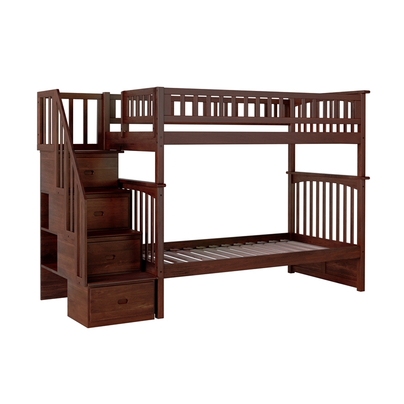 AFI Columbia Twin Over Twin Solid Wood Staircase Bunk Bed in Walnut
