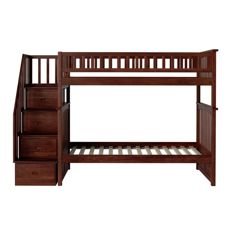 AFI Columbia Twin Over Twin Solid Wood Staircase Bunk Bed in Walnut