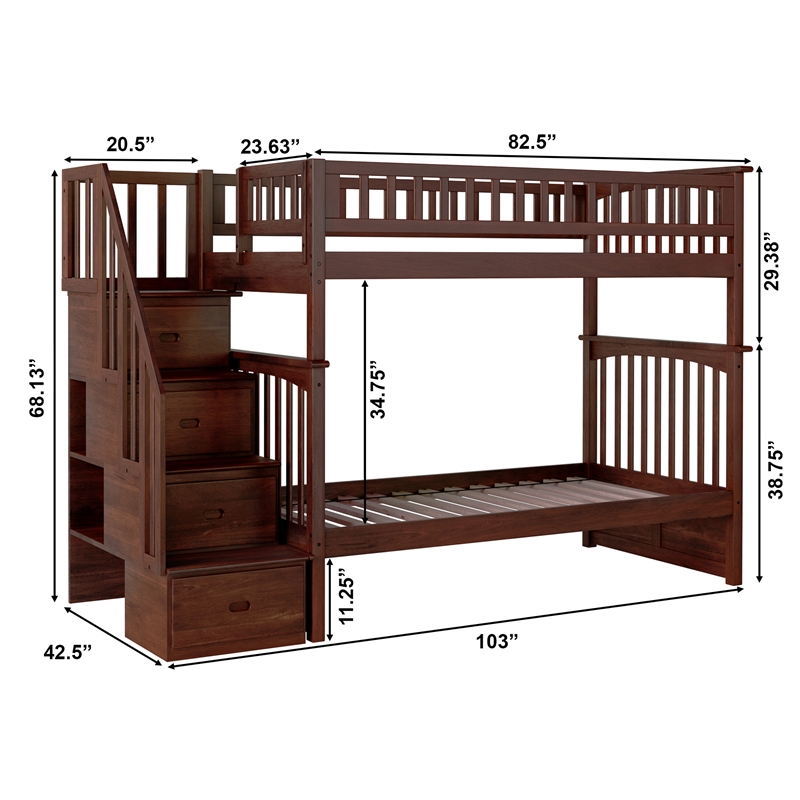 AFI Columbia Twin Over Twin Solid Wood Staircase Bunk Bed in Walnut