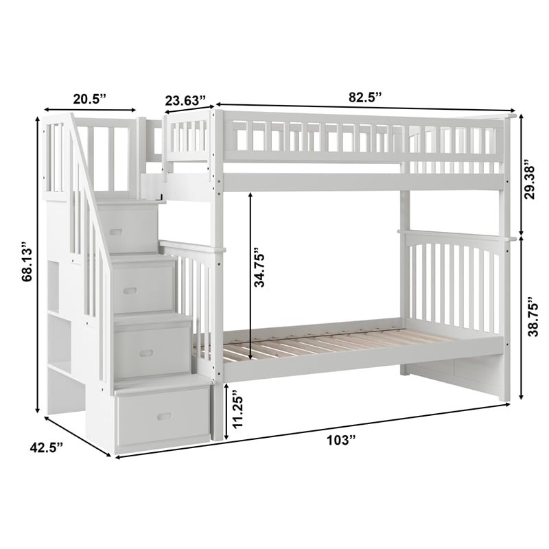 AFI Columbia Twin Over Twin Solid Wood Staircase Bunk Bed in White