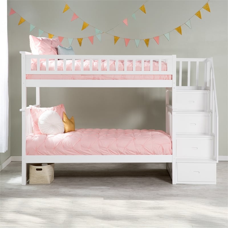 AFI Columbia Twin Over Twin Solid Wood Staircase Bunk Bed in White
