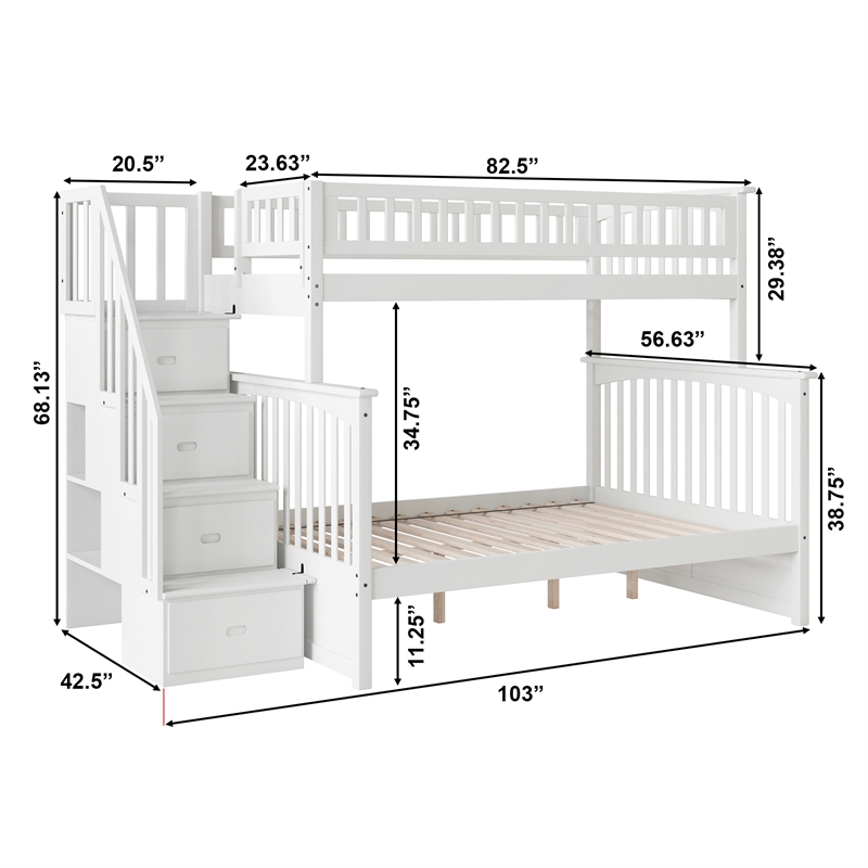AFI Columbia Twin Over Full Solid Wood Staircase Bunk Bed in White