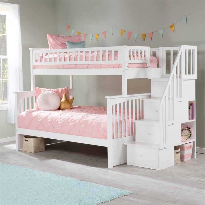 AFI Columbia Twin Over Full Solid Wood Staircase Bunk Bed in White