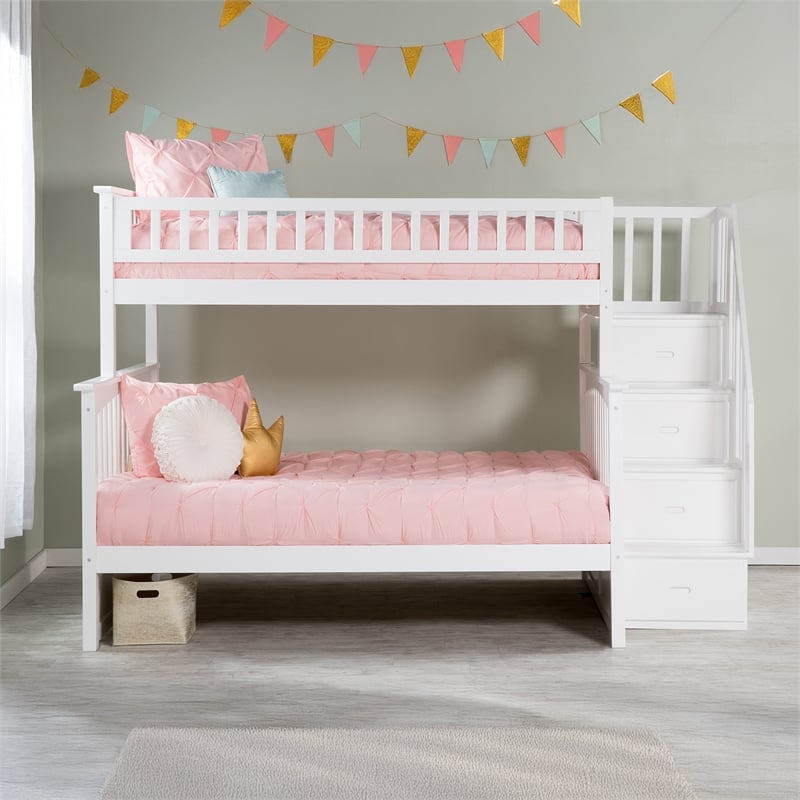 AFI Columbia Twin Over Full Solid Wood Staircase Bunk Bed in White