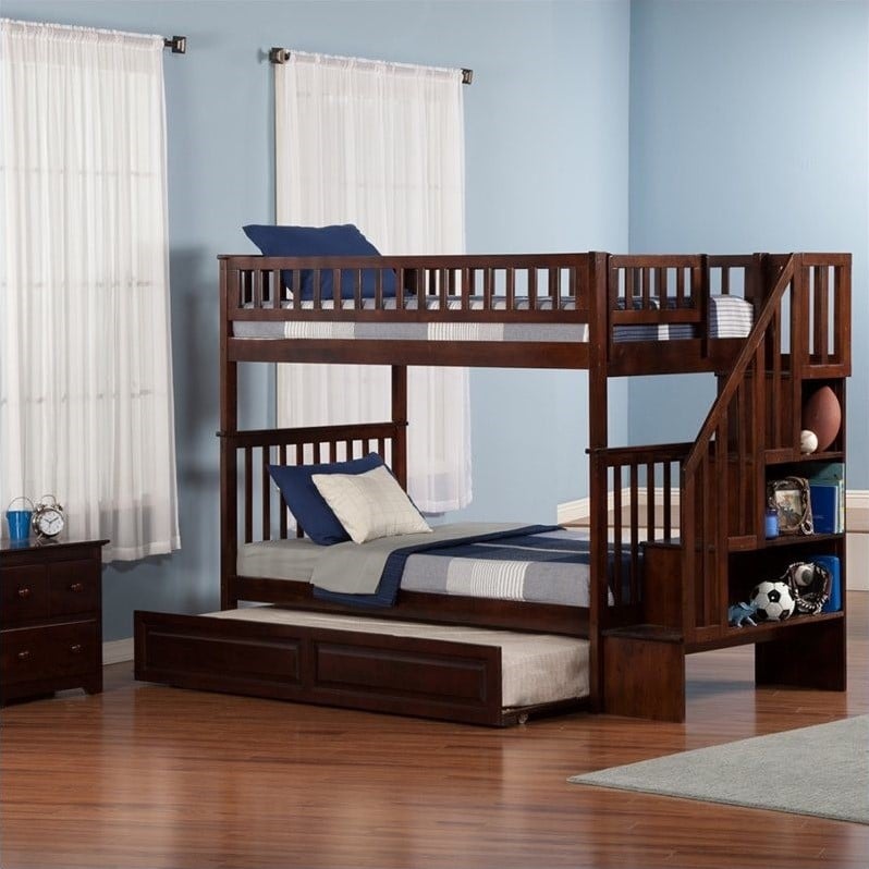 Woodland Staircase Bunk Bed with Twin Raised Panel Trundle Bed in ...