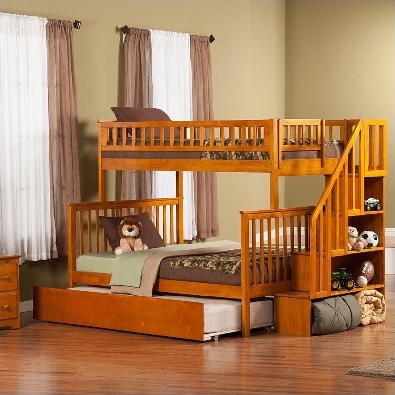 Atlantic Furniture Woodland Stair Bunkbed with Trundle Bed in Caramel   AB56XX57