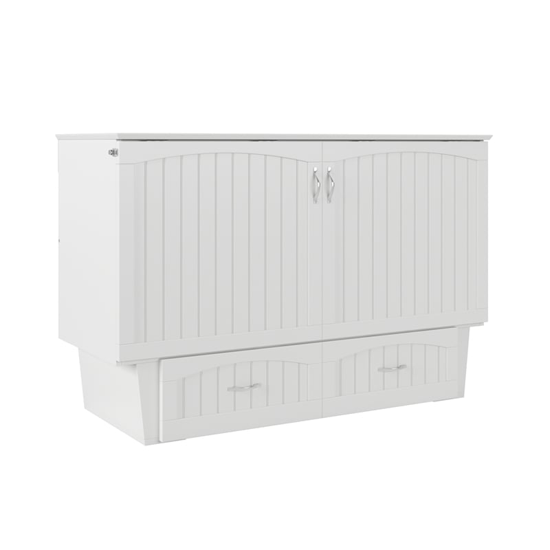 Nantucket Queen Wood Murphy Bed Chest w Mattress and Built-in Charger in White