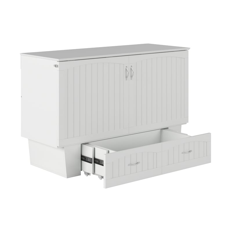 Nantucket Queen Wood Murphy Bed Chest w Mattress and Built-in Charger in White