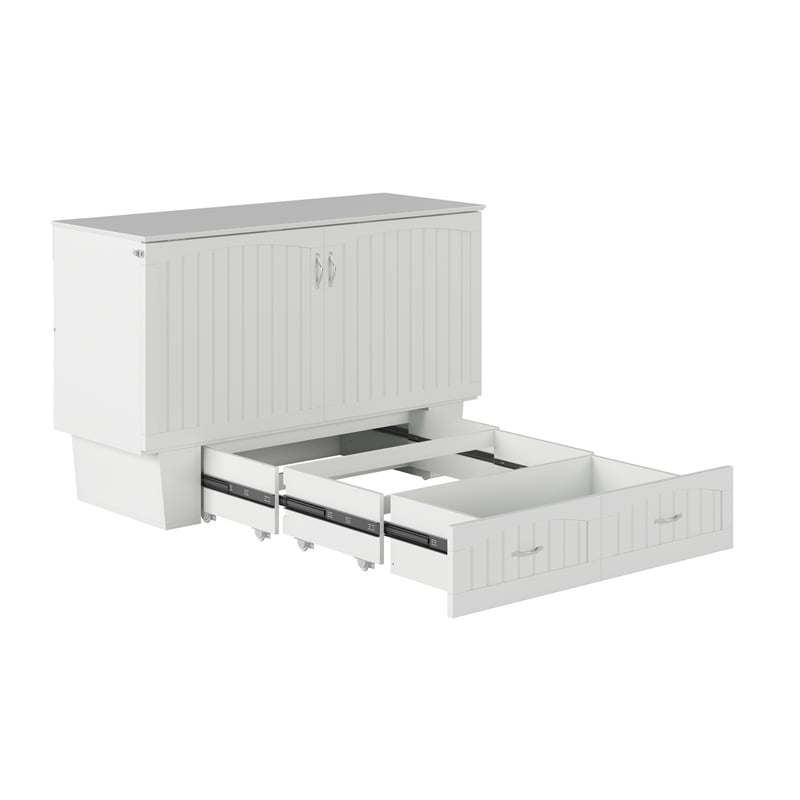 Nantucket Queen Wood Murphy Bed Chest w Mattress and Built-in Charger in White