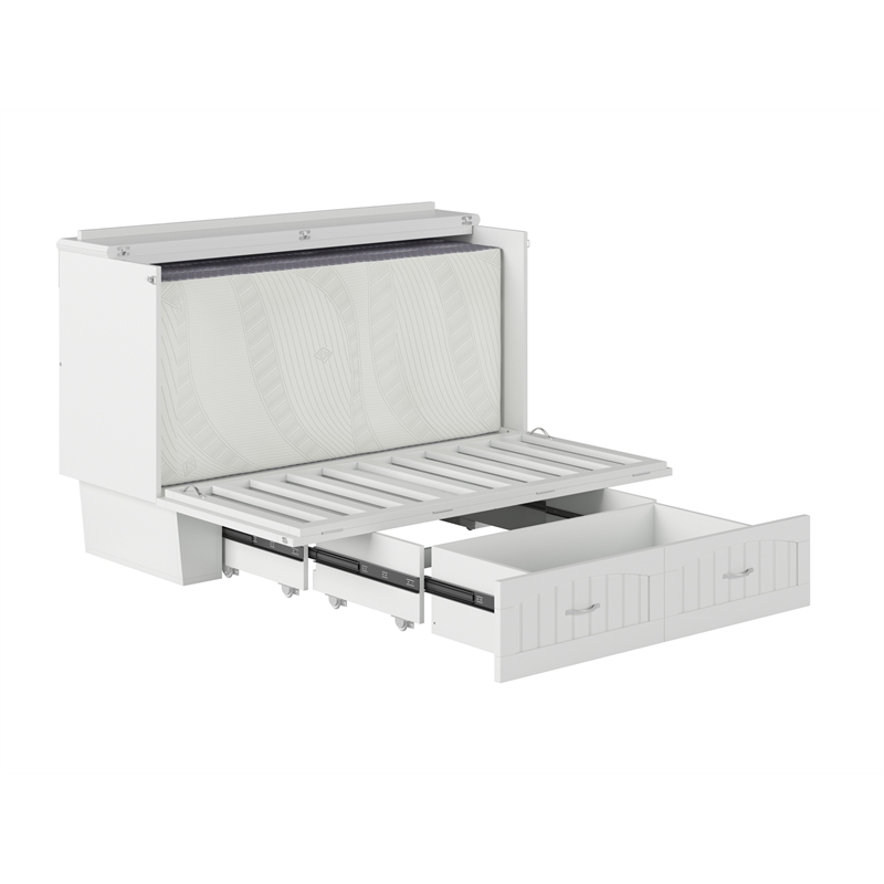 Nantucket Queen Wood Murphy Bed Chest w Mattress and Built-in Charger in White