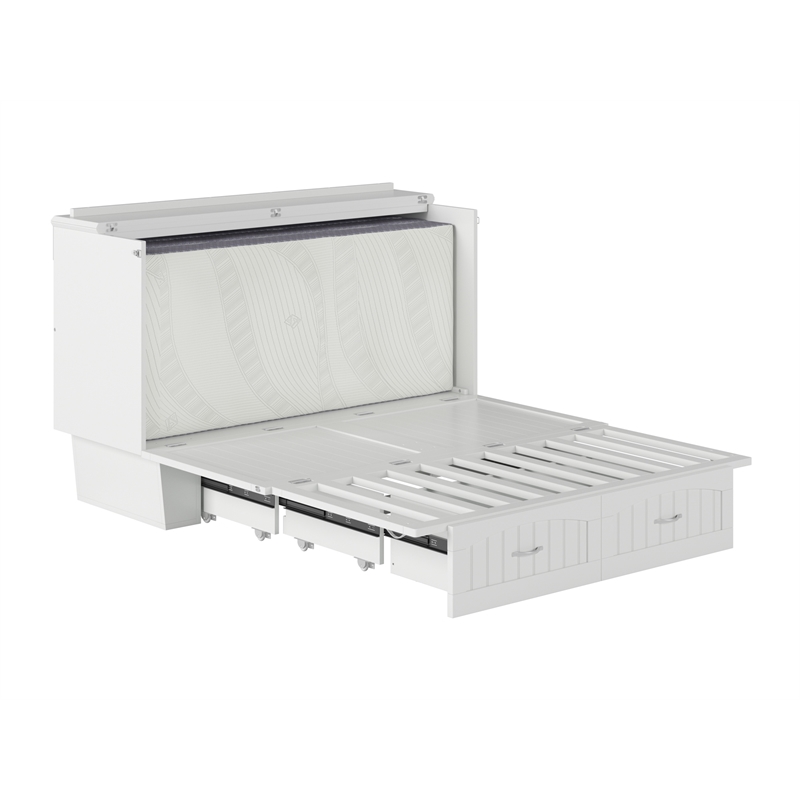 Nantucket Queen Wood Murphy Bed Chest w Mattress and Built-in Charger in White