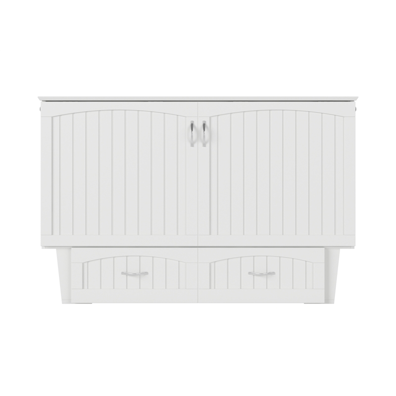 Nantucket Queen Wood Murphy Bed Chest w Mattress and Built-in Charger in White