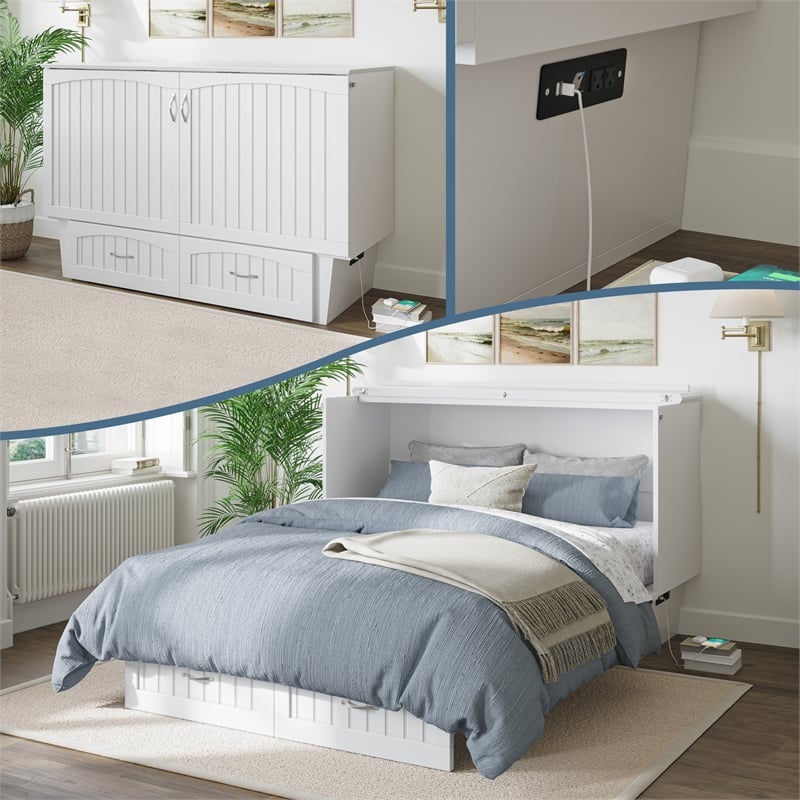 Nantucket Queen Wood Murphy Bed Chest w Mattress and Built-in Charger in White