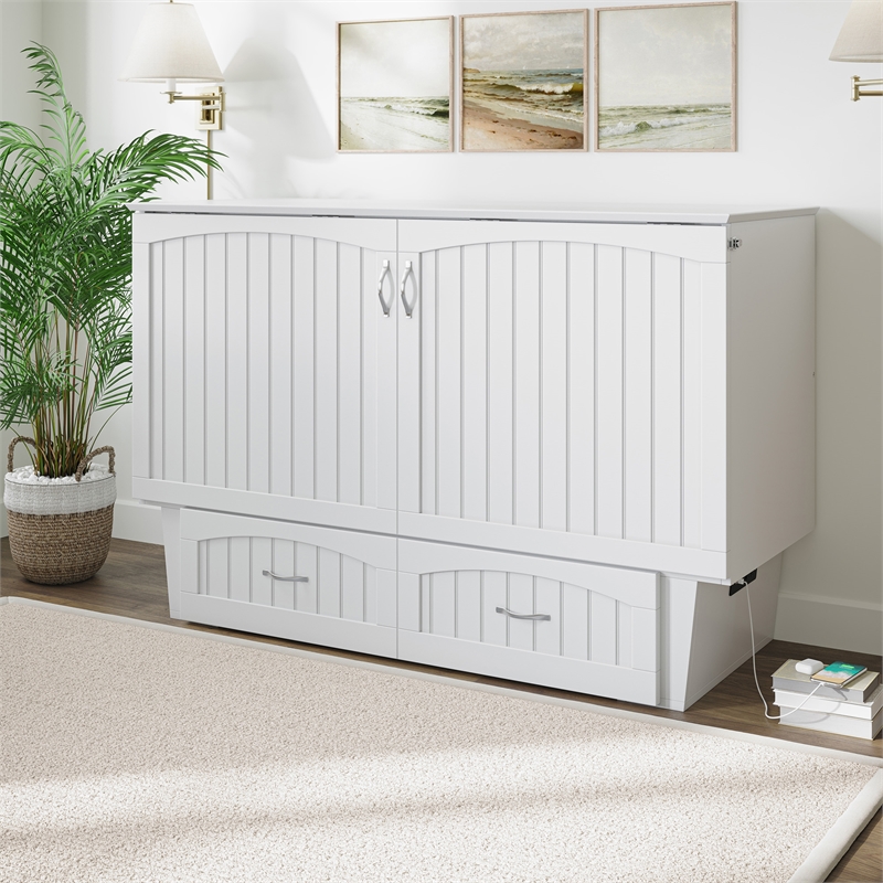 Nantucket Queen Wood Murphy Bed Chest w Mattress and Built-in Charger in White