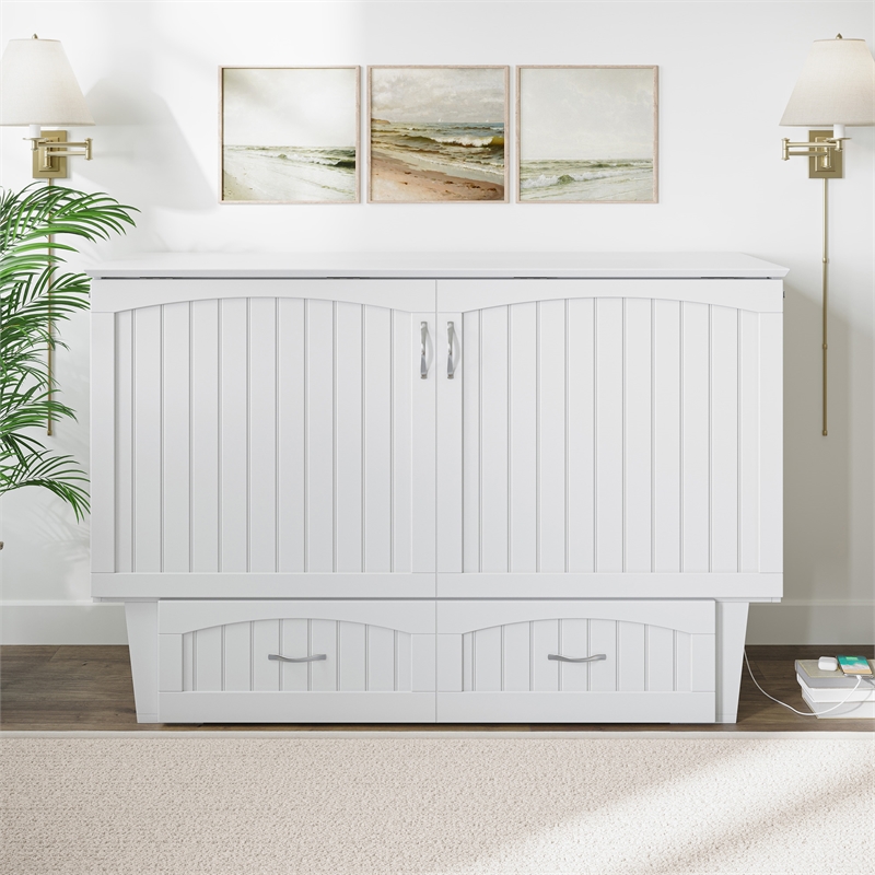 Nantucket Queen Wood Murphy Bed Chest w Mattress and Built-in Charger in White