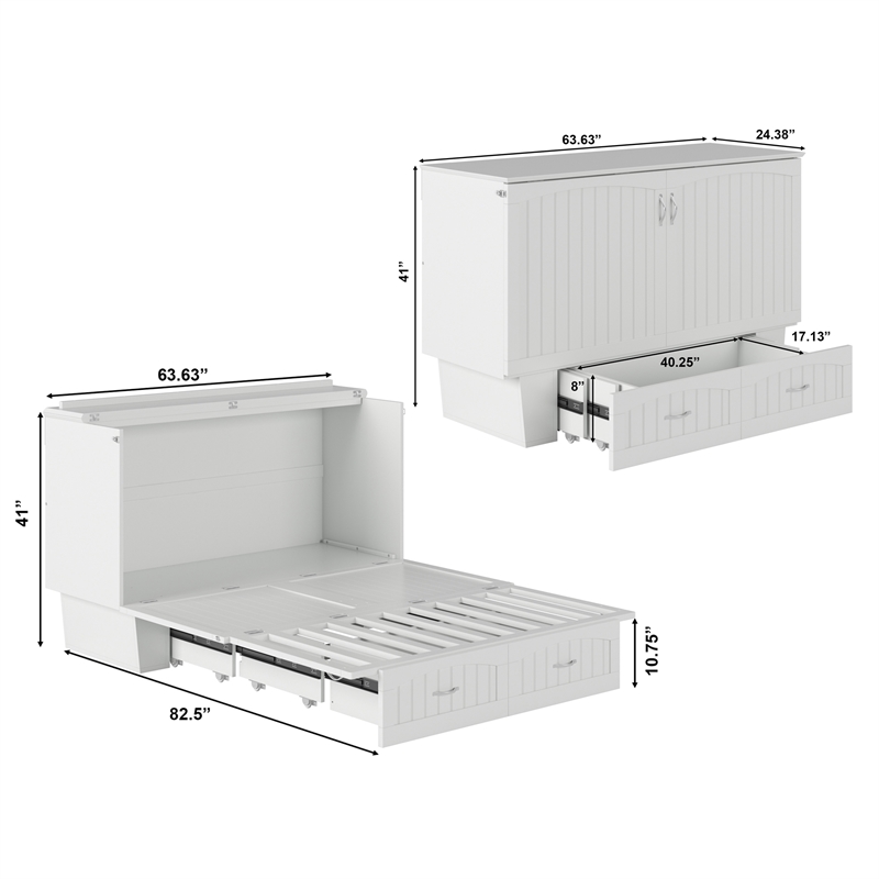 Nantucket Queen Wood Murphy Bed Chest w Mattress and Built-in Charger in White