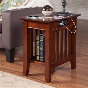 AFI Mission Solid Wood Chair Side Table with BuiltIn Device Charger Brown Walnut