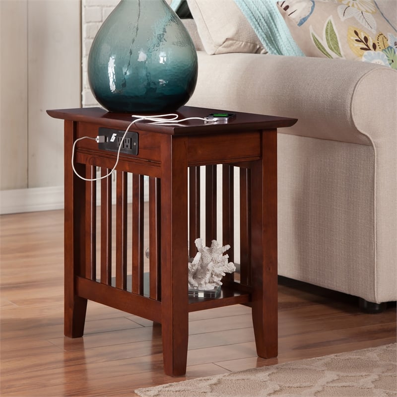 AFI Mission Solid Wood Chair Side Table with BuiltIn Device Charger Brown Walnut
