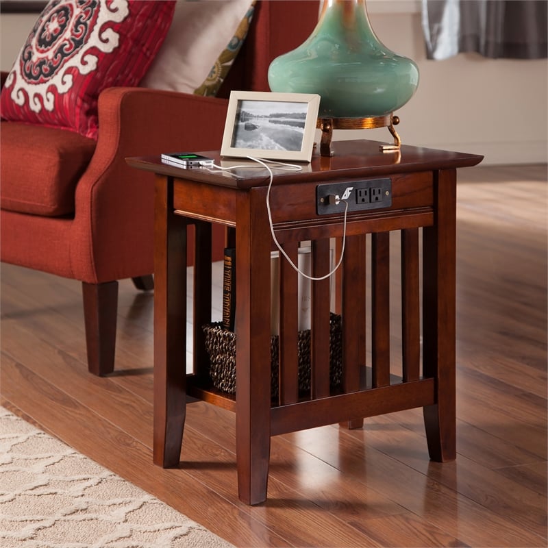 AFI Mission Solid Wood Chair Side Table with BuiltIn Device Charger Brown Walnut