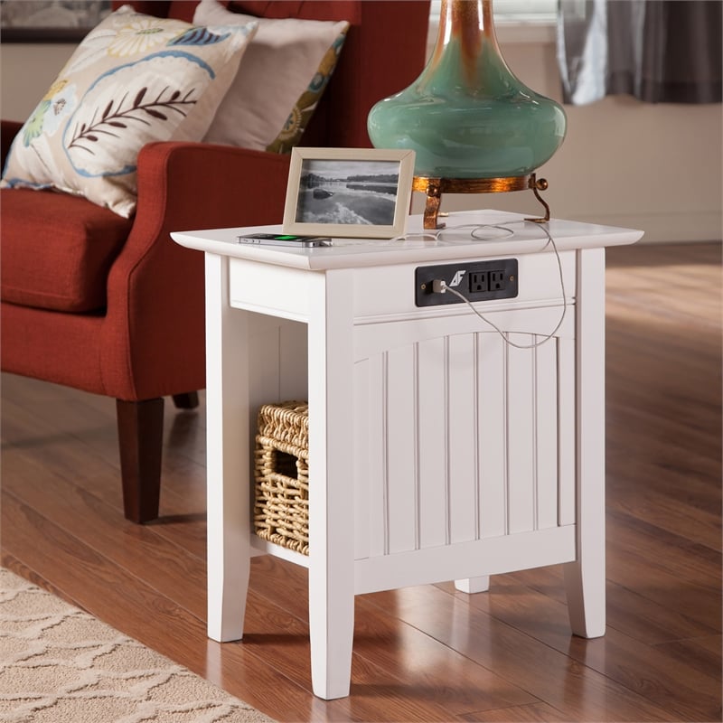 AFI Nantucket Solid Wood Chair Side Table with Built in Device Charger in White