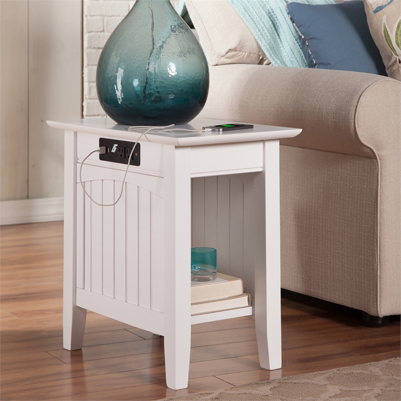 AFI Nantucket Solid Wood Chair Side Table with Built in Device Charger in White