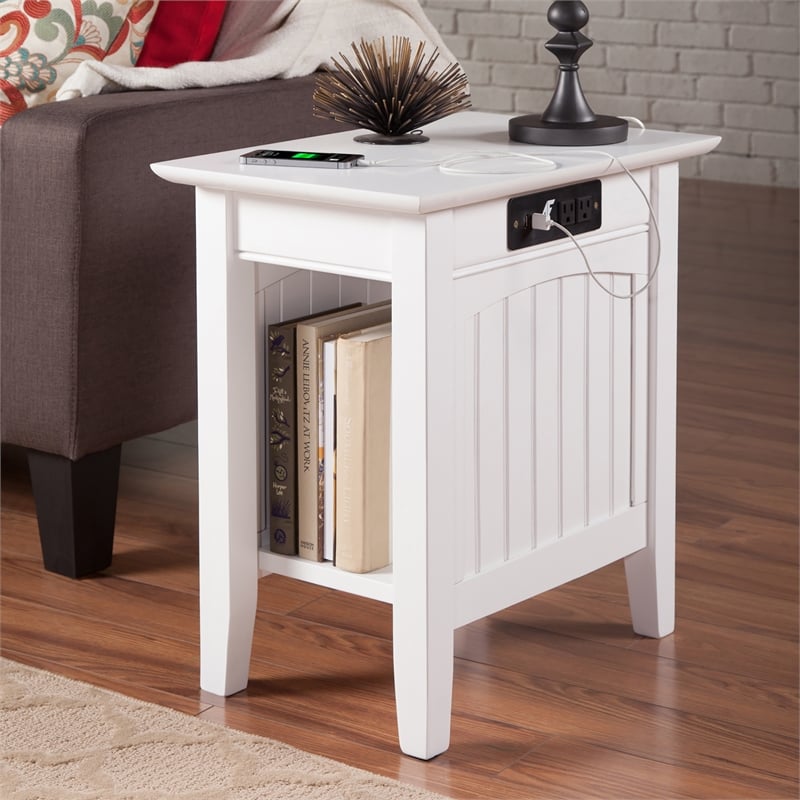 AFI Nantucket Solid Wood Chair Side Table with Built in Device Charger in White