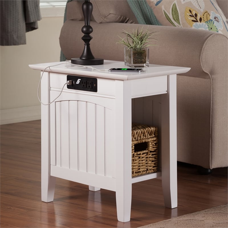 AFI Nantucket Solid Wood Chair Side Table with Built in Device Charger in White