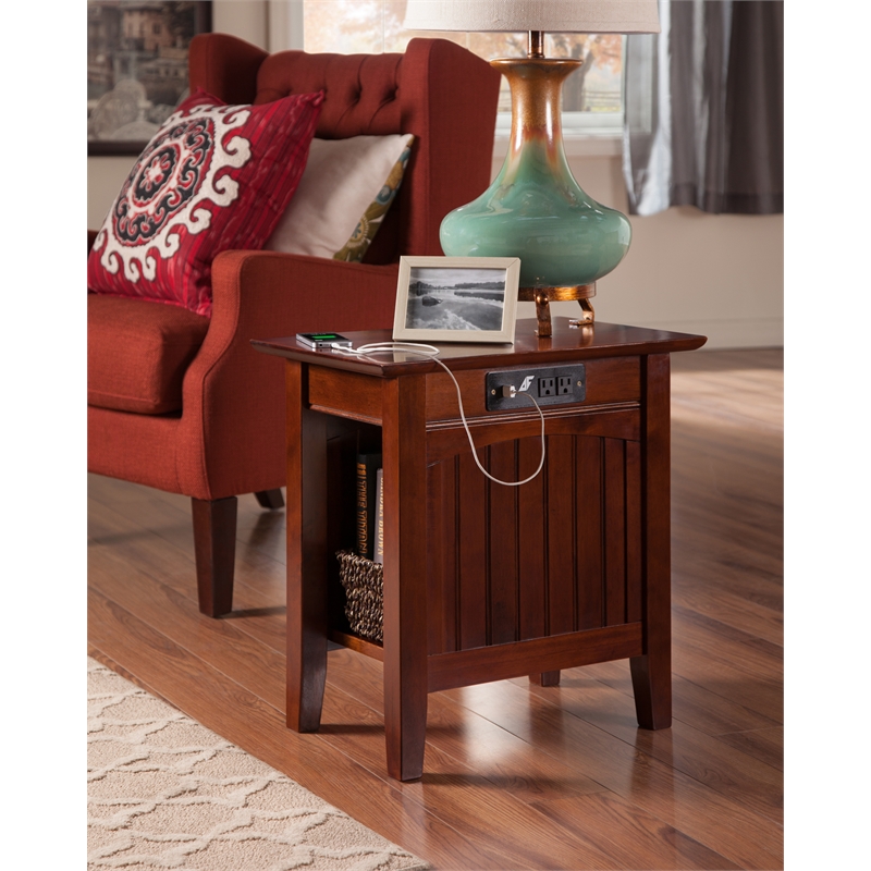 AFI Nantucket Solid Wood Chair Side Table with USB Charger in Walnut