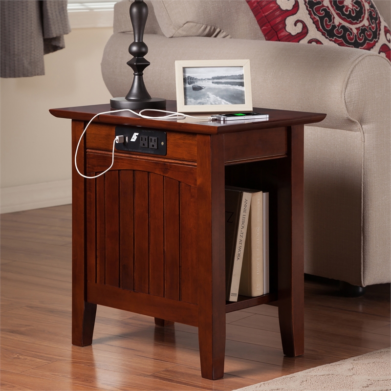 AFI Nantucket Solid Wood Chair Side Table with USB Charger in Walnut