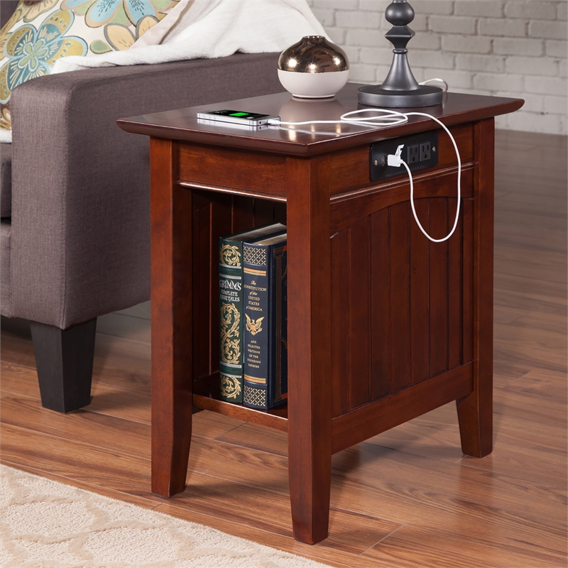 AFI Nantucket Solid Wood Chair Side Table with USB Charger in Walnut