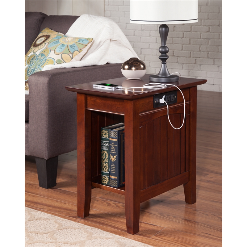 AFI Nantucket Solid Wood Chair Side Table with USB Charger in Walnut