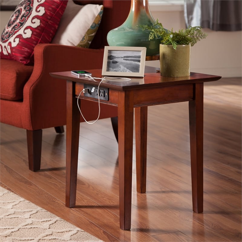 AFI Shaker Solid Wood End Table with Built In Charger in Walnut