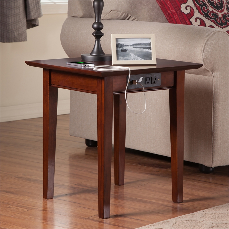 AFI Shaker Solid Wood End Table with Built In Charger in Walnut