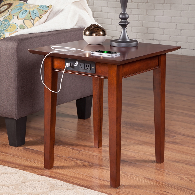 AFI Shaker Solid Wood End Table with Built In Charger in Walnut
