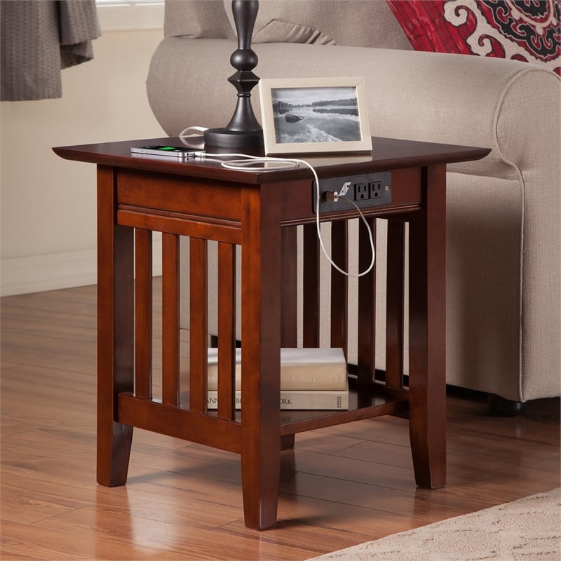 AFI Mission Solid Wood End Table with Built in Device Charger in Brown Walnut