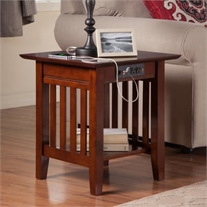 AFI Mission Solid Wood End Table with Built in Device Charger in Brown Walnut