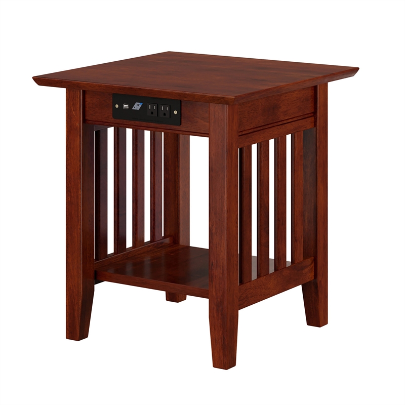 AFI Mission Solid Wood End Table with Built in Device Charger in Brown Walnut