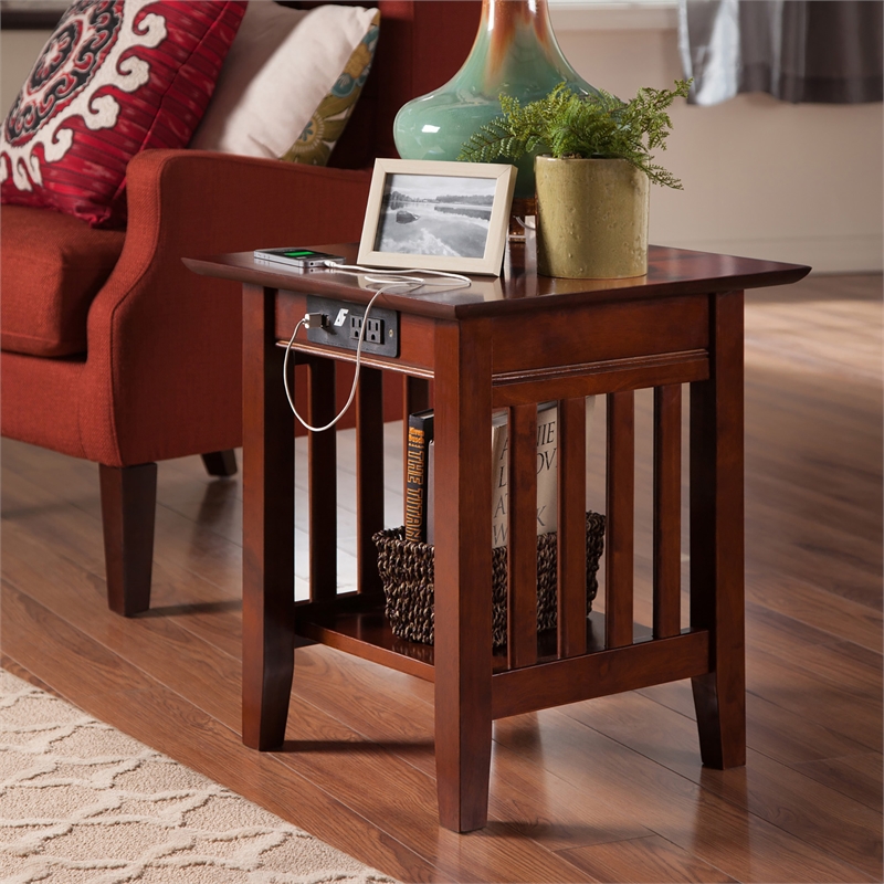 AFI Mission Solid Wood End Table with Built in Device Charger in Brown Walnut