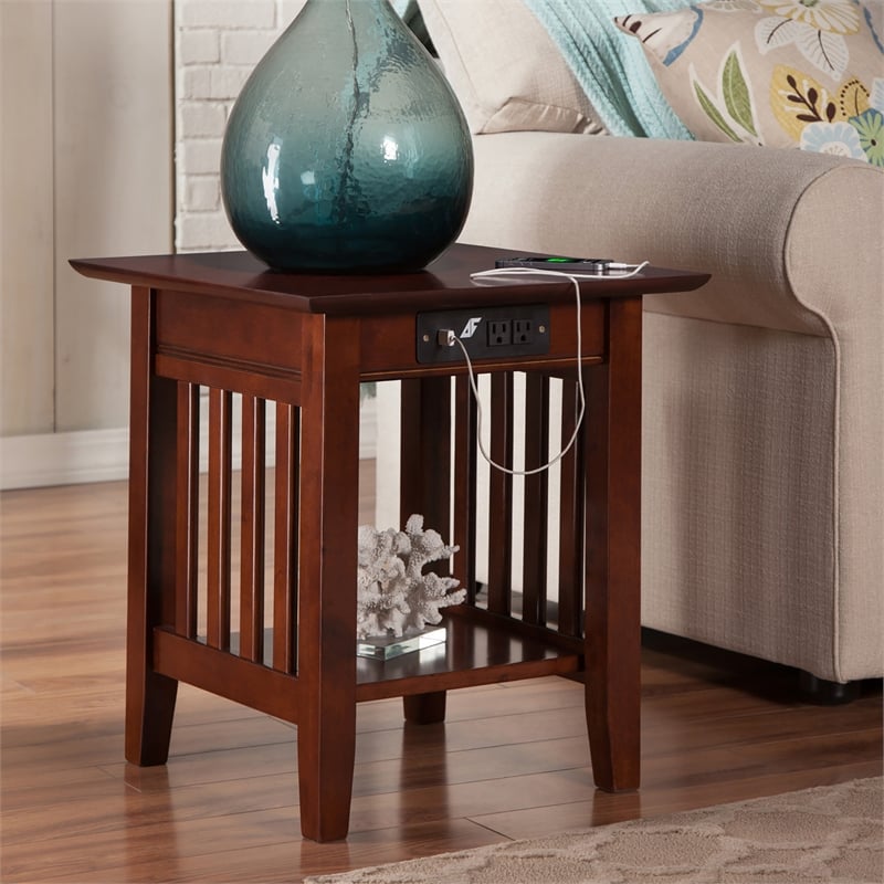 AFI Mission Solid Wood End Table with Built in Device Charger in Brown Walnut