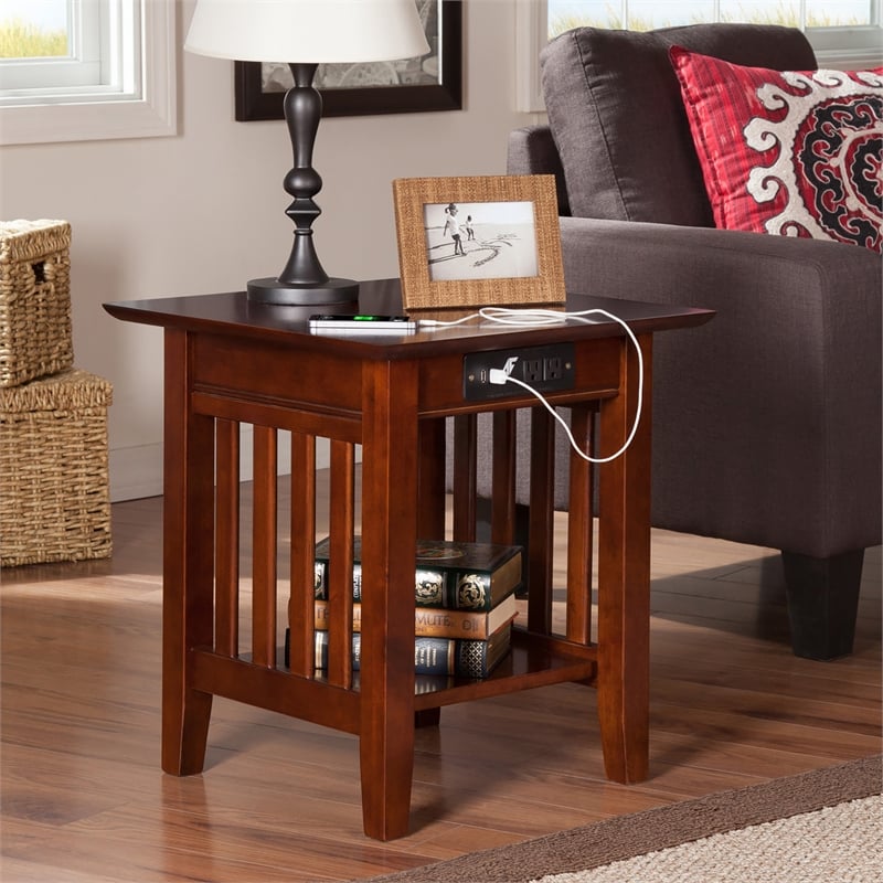AFI Mission Solid Wood End Table with Built in Device Charger in Brown Walnut
