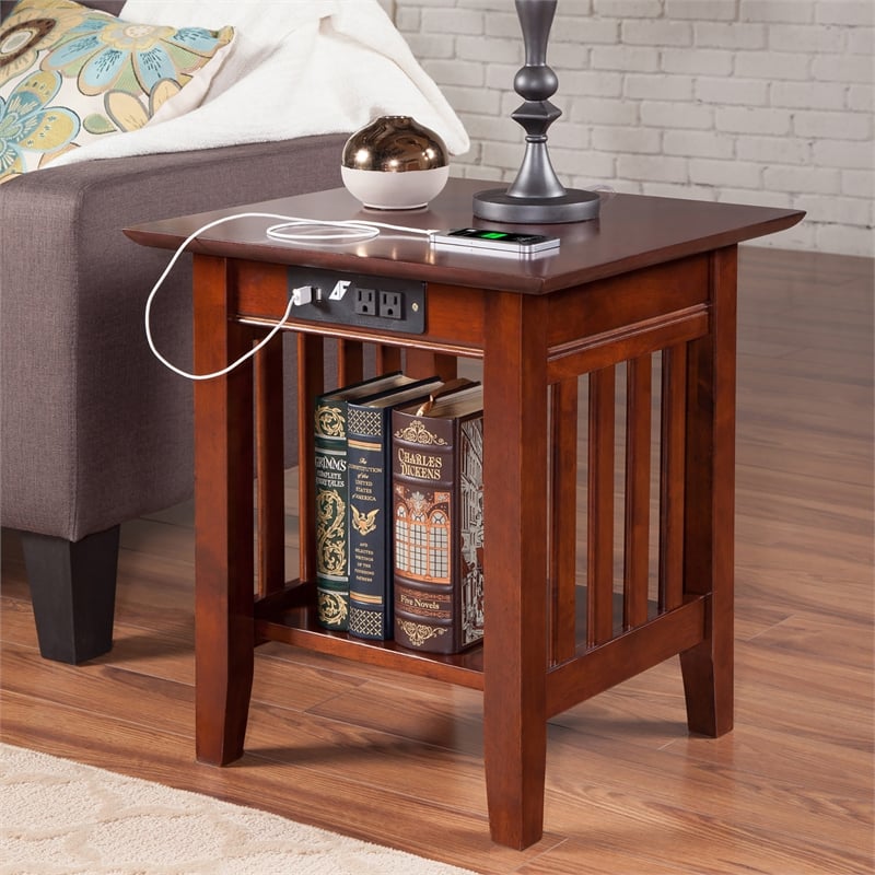 AFI Mission Solid Wood End Table with Built in Device Charger in Brown Walnut