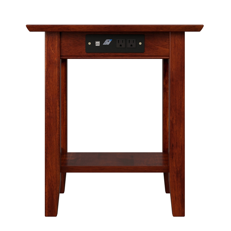 AFI Mission Solid Wood End Table with Built in Device Charger in Brown Walnut