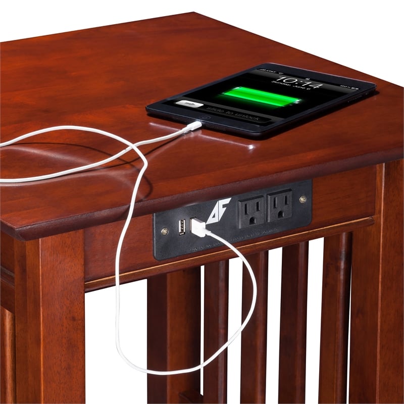 AFI Mission Solid Wood End Table with Built in Device Charger in Brown Walnut
